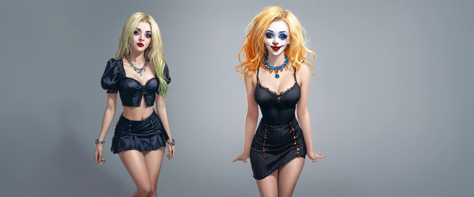 1Girl, 25 years old, Long hair, full body pose , looking up at viewer, Blonde hair, Goth Clown Look, green eyes, (jewelry:1.1), full entire body, tightly fitting top, pencil skirt, red lips, realistic, beautiful nose, flirting with the camera.(Color palette Amber and steel blue:1.3)