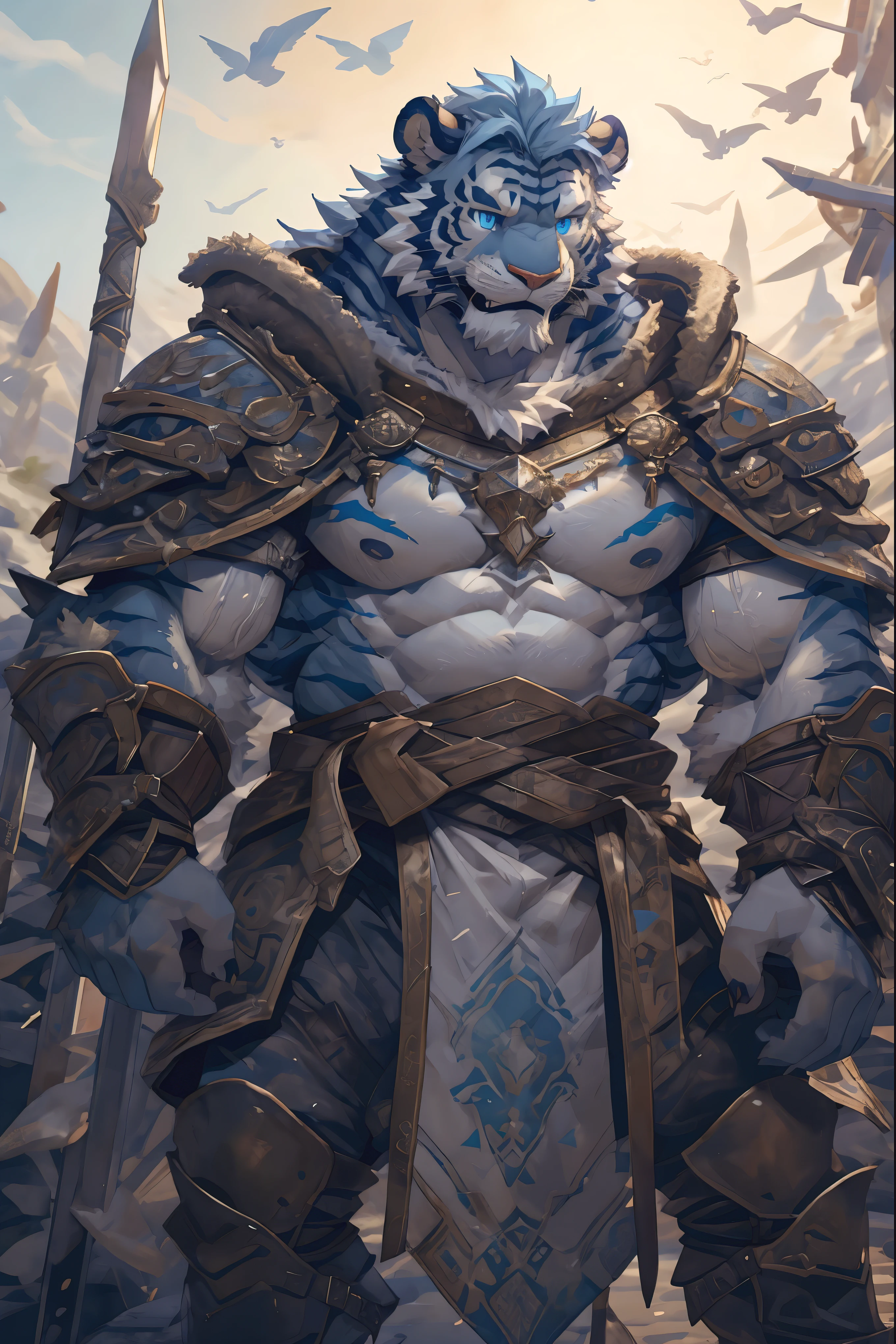 (Light blue tiger),(Blue flowing blue Military commander shirt),Holding a halberd,Awesome posture,A hearty laugh,(The background is a vicissitudes of the plateau:1.2),Abdominal muscles,covered in wounds,A perfect masterpiece,Various facial details,Close-up view,specific description,masterpiece,cg,(Light blue eyes),Light blue pattern,Light blue tail,Military commander,Heroic,tiger,Light blue fur,Detailed facial details,Half Body,(Water texture boots),(Long feather),((middle aged)),(Face Focus),(16K),HD,Blue and white belly,temple,beard,(Face lines),heterochromia,(Light blue battle robe),(Light blue hair),Strong,muscle,(high resolution:1.3)