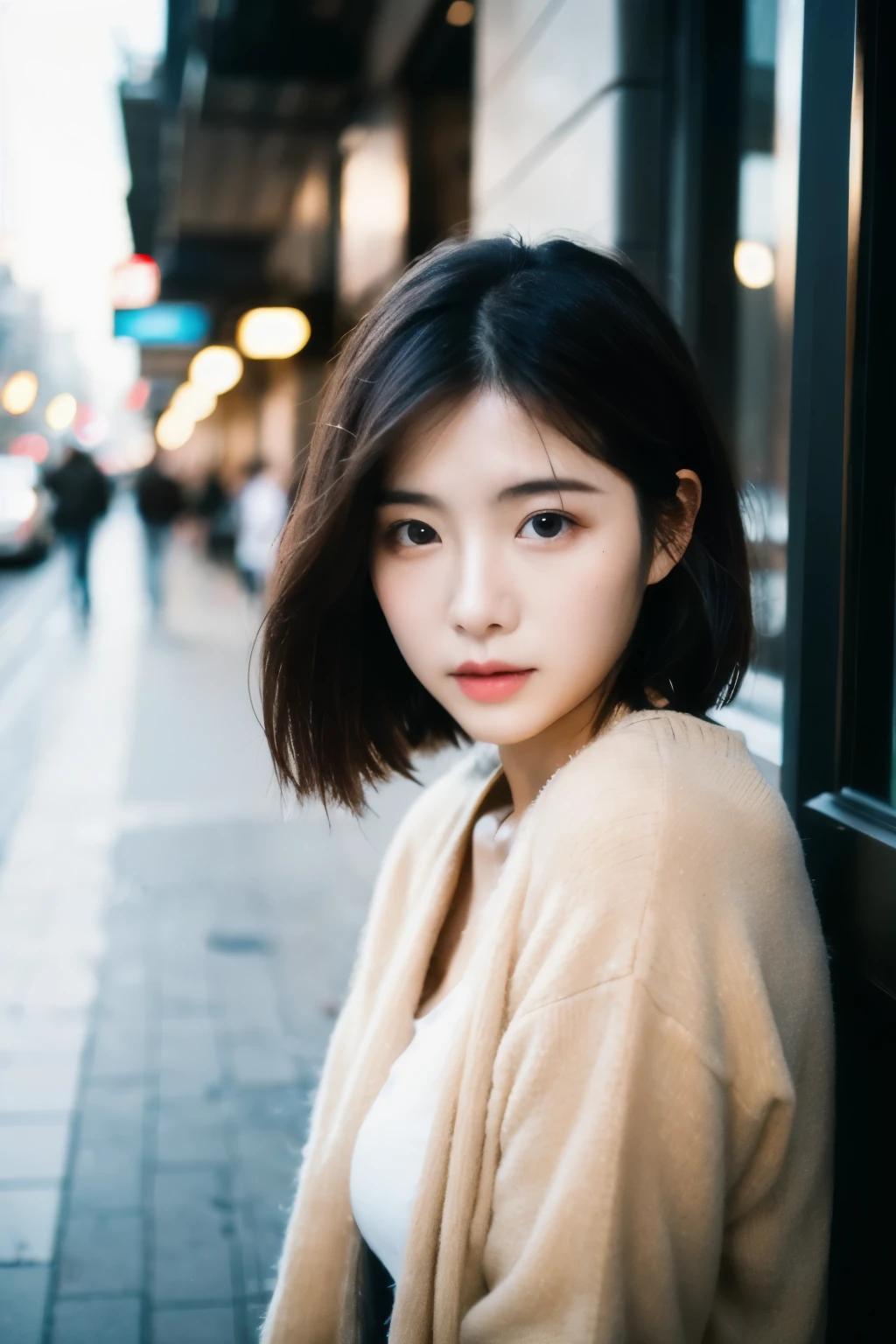 Cinematic photo of beautiful Korean fashion model with bokeh train