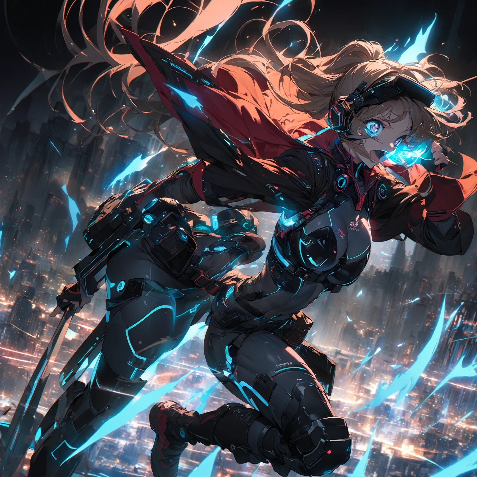  A girl with an athletic build, (nude:0.8), in a dynamic pose showcasing agility, with an excited facial expression, wide sparkling eyes, a broad smile or shout, and clenched fists, wearing a sleek, fitted, armored bodysuit with reinforced segments and glowing circuitry patterns, a cropped, high-collar leather jacket with metallic studs, lightweight cyber-enhanced bracers with holographic interfaces, fingerless gloves with glowing runes, combat-ready pants with reinforced knee pads and utility pockets, a utility belt with a glowing buckle, high-tech shin guards with thrusters and retractable blades, sturdy knee-high combat boots with reinforced soles, her hair styled in a high ponytail or braided with metallic threads and glowing beads, a sleek augmented reality visor with metallic feathers, in a color scheme of dark tones with bright glowing accents, a short, asymmetrical color-changing cloak with glowing runes, and small mystical charms or amulets, in a dark and dramatic setting with a ruined cityscape or futuristic battleground, enhanced with sparks and energy surges illuminating the character and reflecting her fiery, powerful theme, with dynamic lighting emphasizing her energetic pose and excited expression, detailed gorgeous face| anime style| key visual| intricate detail| highly detailed| breathtaking| vibrant| panoramic| cinematic| Carne Griffiths| Conrad Roset| gibbli 8k