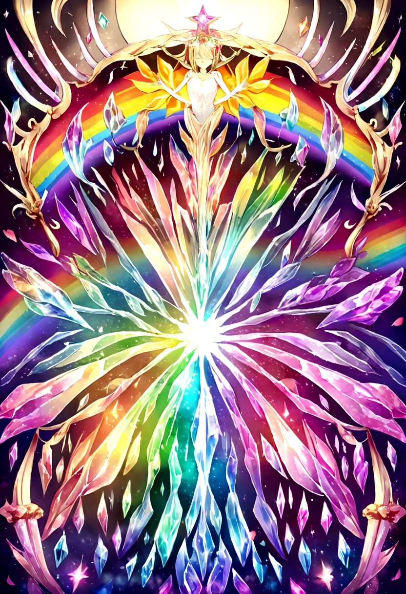 A radiant rose with petals displaying rainbow-like colors,emanating the light of both the sun and the moon,Crystal material