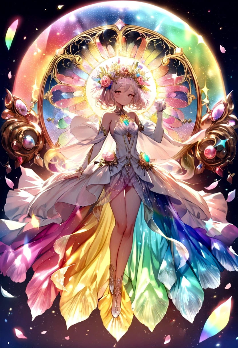 A radiant rose with petals displaying rainbow-like colors,emanating the light of both the sun and the moon，Crystal material
