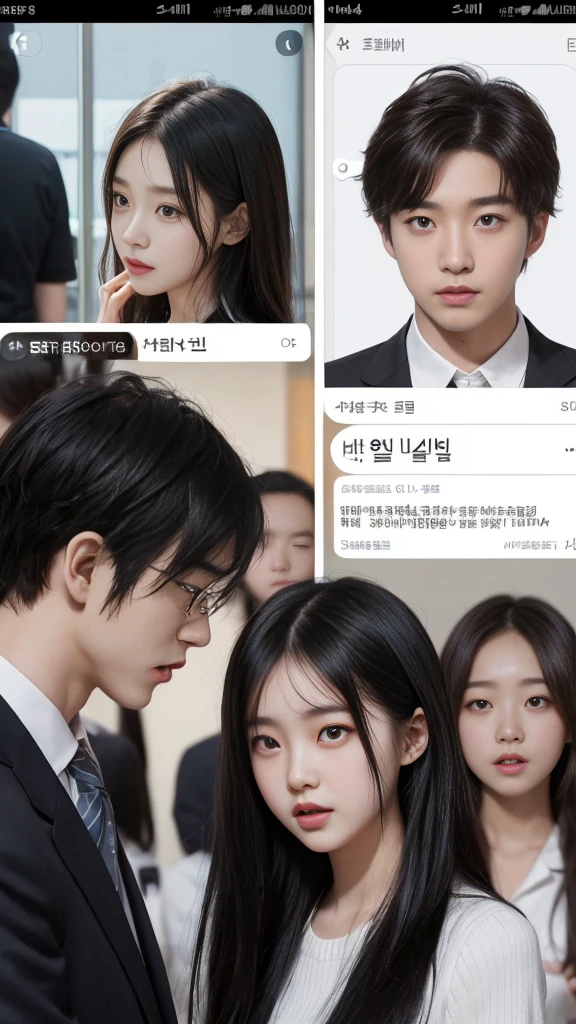  (high quality), (SFW:1.2), split screen, delinquent, Mature high school girl and Korean adult man enjoying smartphone chatting app, Her smartphone display shows a number of adult Korean men having a conversation with a high school girl..., Chat language is English., The men are waiting for her reaction, pop-up window, there&#39;still, The man is asking her to chat on his smartphone screen. Chat takes place alternately between women and men....