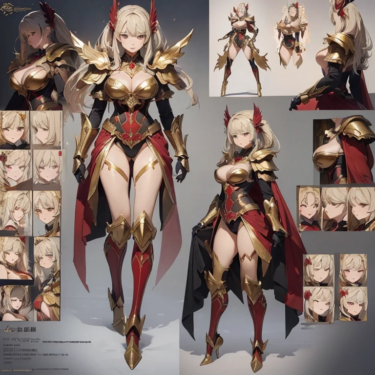 ((masterpiece, best quality)), Delicate face, Character Design Sheet， Full Body Love, Rich in details, Multiple poses and expressions, Very detailed, depth, Many parts，beautiful girl，light，Luminescence，armor，mechanical，Red robe，Golden,(((Full and soft breasts,)))(((Huge breasts))) (((Cleavage))),
