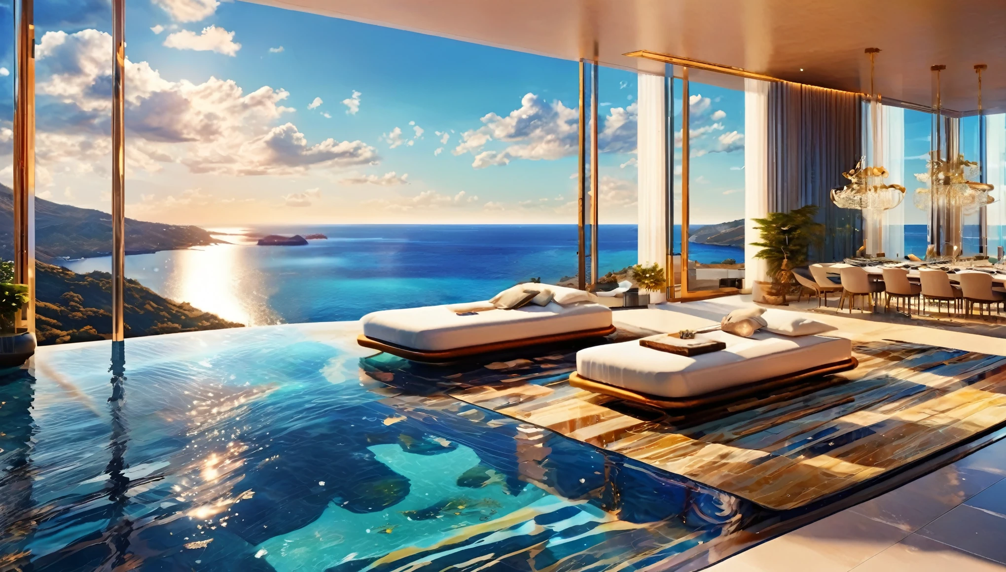 A modern luxury mansion with an infinity pool overlooking the ocean, floor-to-ceiling windows, and a sleek, luxury interior design. Hyper realistic photo, 16k, vibrant colors