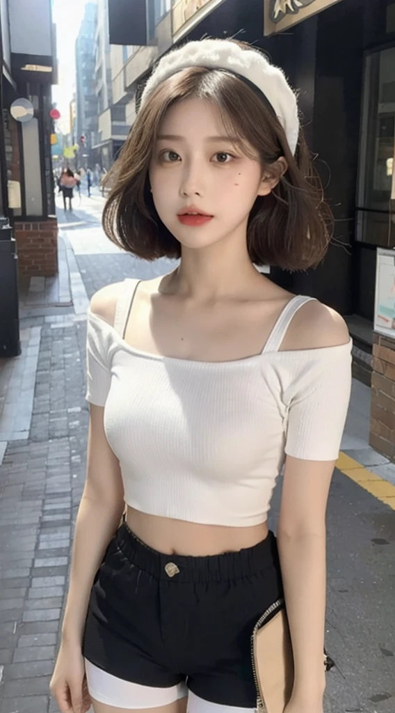 ((Best Quality, 8K, Masterpiece: 1.3)), (Flower Cap: 1.3), Focus: 1.2, Perfect Body Beauty: 1.4, Buttocks: 1.2, (Layered Haircut: 1.2)), (Dark Street: 1.3), Highly Detailed Face and Skin Texture, Full Body, Delicate Eyes, Double Eyelids, Whitened Skin, Long Hair, (Round Face: 1.5), (Loose Crop Top, Shorts: 1.6) ,Girls showing their panties