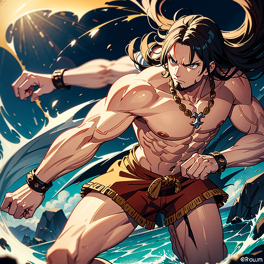 Create a barbarian man character (com roupa de vikings) de one piece. who is fighting, he fights with a punch, just a punch