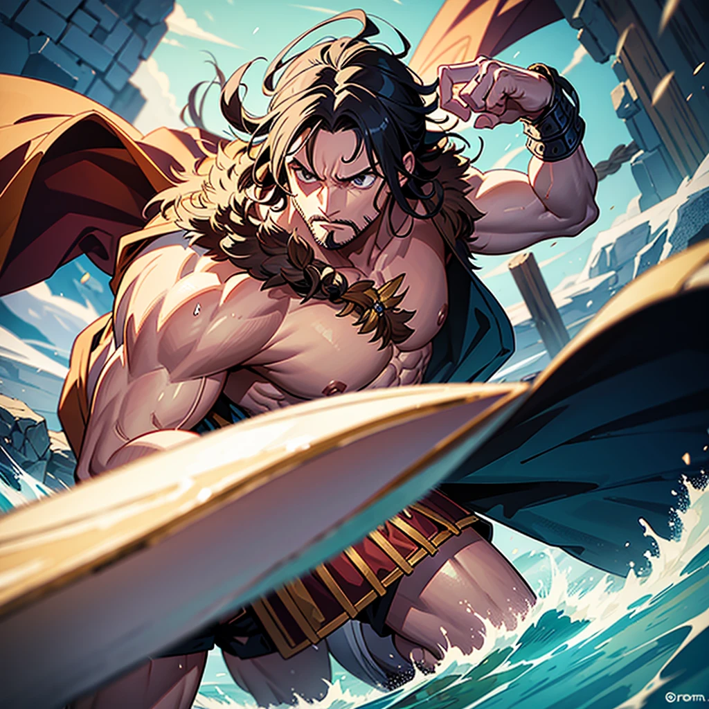 I need a muscular fish (masculine) with a trident in his hand and an anchor at his feet