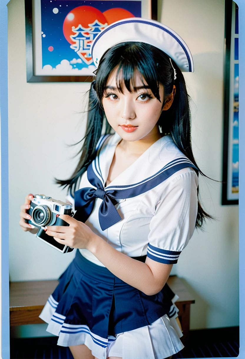 instax, snapshot, Realistic, Photography, jpop girl group's girl, Japanese-idol-face girl, A girl with a face like a beautiful anime cosplayer, 17-years-old, kawaii, Japanese sailor , black hair, straight hair, Lomography, blue and white, cinematic shot, dynamic pose, dynamic angle, in the style of y2k aesthetic