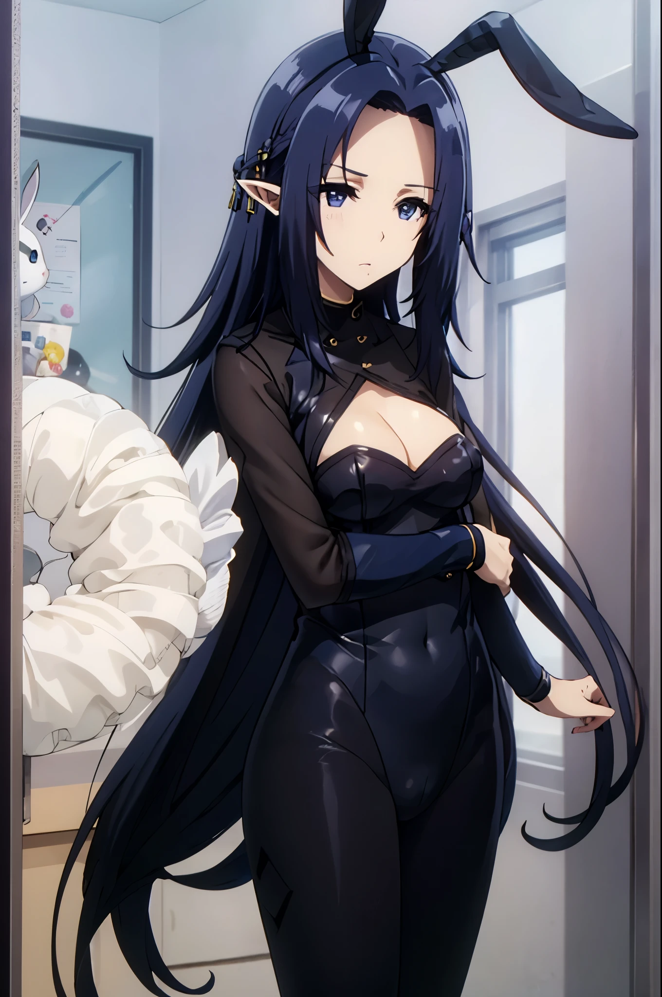 dark blue hair,,long hair,blue eyes,pointy ears,elf,,(((black bunny suit,bunny ears)))