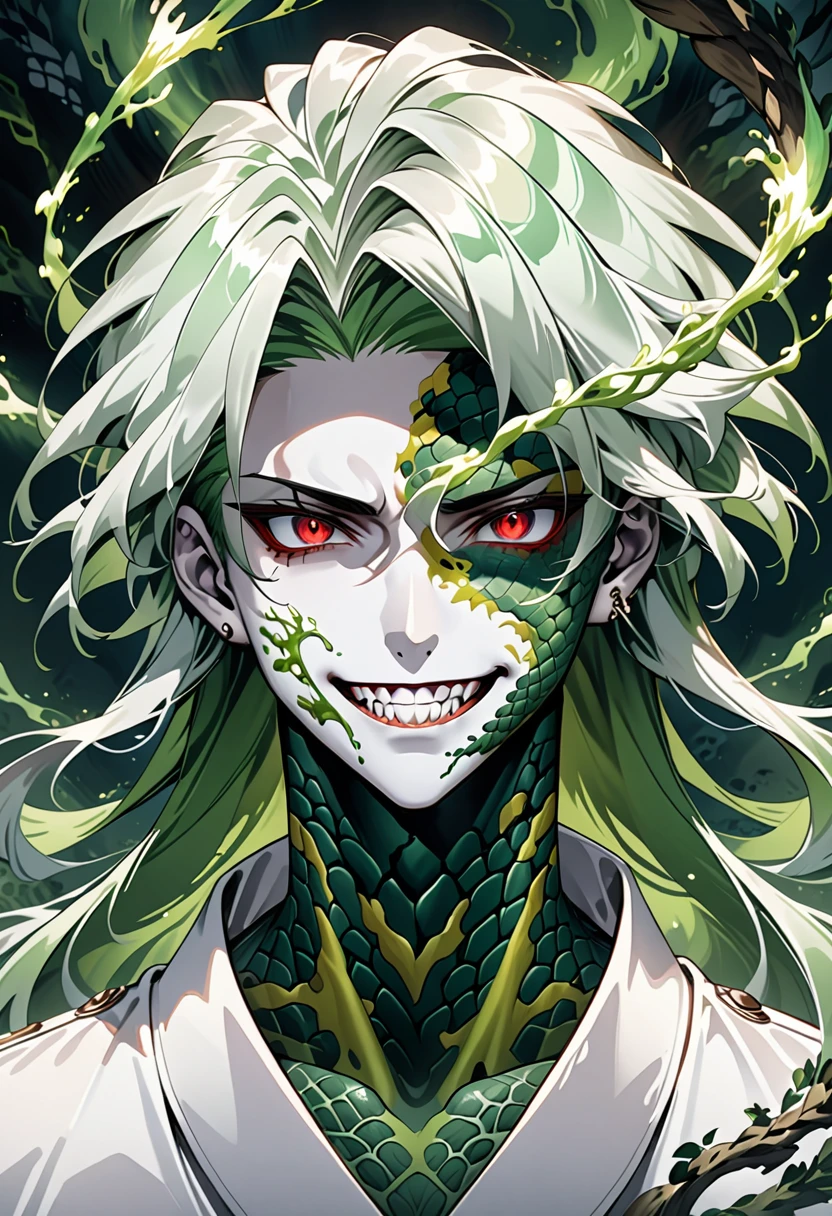 enerate an anime-style illustration of a teenage male character with the appearance of a Gorgon. He should have pale skin, sharp facial features, and a monstrous look, with green scales covering parts of his face and body. His hair should be made entirely of slender, elegant white snakes with subtle green highlights, all oozing a green liquid aura. The snakes should have piercing red eyes. The character should be wearing a white trench coat hoodie with accents of green, creating a harmonious green and white color theme. He should have a sinister grin on his face. Please ensure that the overall aesthetic remains true to traditional anime art style