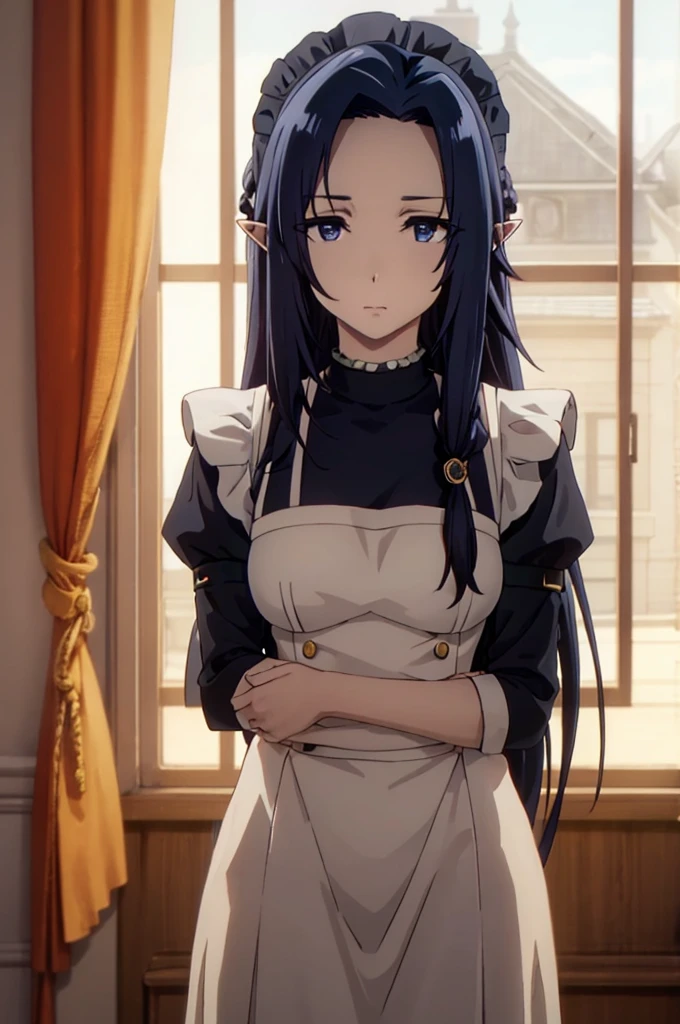 best quality, dark blue hair,,long hair,blue eyes,pointy ears,elf,,masterpiece, highres, solo, (maid:1.40), (long maid dress:1.15), anime_style, 14
