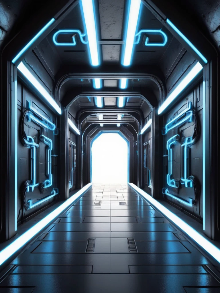 tunel, infernal themed futuristic background image, cables hell neon, symmetrical image, hell, White wall, negro, blue, House