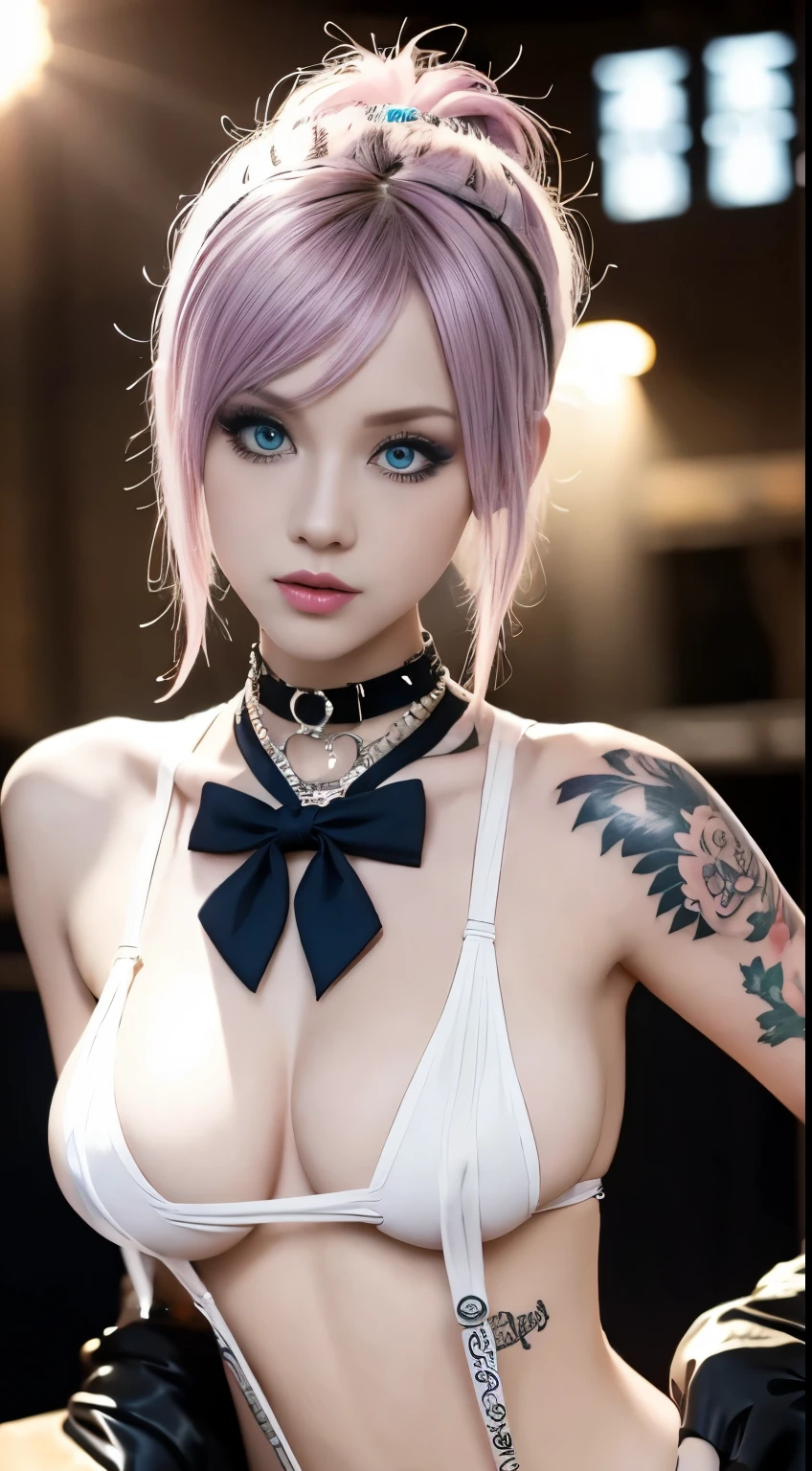 Tips for the first topic are as follows： quality, 8K, 32k, On a table:1.3), ultra - detailed, (realistically:1.4), white colors, albinism, punk girl, Detailed eyes, Upper part of the body, Luxurious Punk Hairstyle, Avant-garde punk fashion, Avant-garde makeup, numerous piercings, There are a lot of tattoos, streets background, backlight effect, shallowdepthoffield, vague background, large breasts"