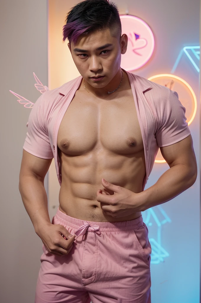 This image features a neon illustration of a young, stocky Asian man with undercut hair, holding a gun in his right hand. The man is decorated with various elements, including what appears to be a fluttering figure in the chest area of ​​the garment. The color palette consists of pinks and purples which create a striking visual effect.