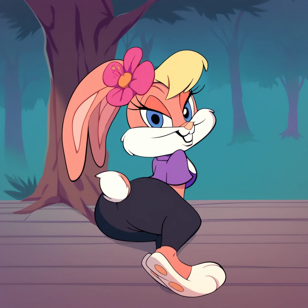 score_9, score_8_up, score_7_up, score_6_up, score_5_up, score_4_up, (Source furry), Babs Bunny, furry female, 1girl, solo, inside of the cyberworld, cyberspace, digital trees, smile, pink bunny girl, looking at viewer, blue eyes, tail, grey fur, two tone fur, hat, wearing black shorts, thick thighs, flower hat, licking her toe,