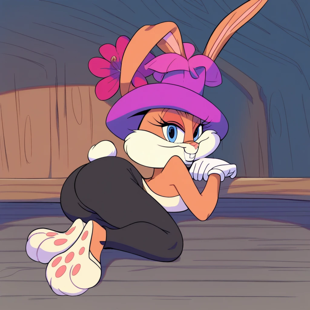 score_9, score_8_up, score_7_up, score_6_up, score_5_up, score_4_up, (Source furry), Babs Bunny, furry female, 1girl, solo, inside of the cyberworld, cyberspace, digital trees, smile, pink bunny girl, looking at viewer, blue eyes, tail, grey fur, two tone fur, hat, wearing black shorts, thick thighs, flower hat, licking her toe,
