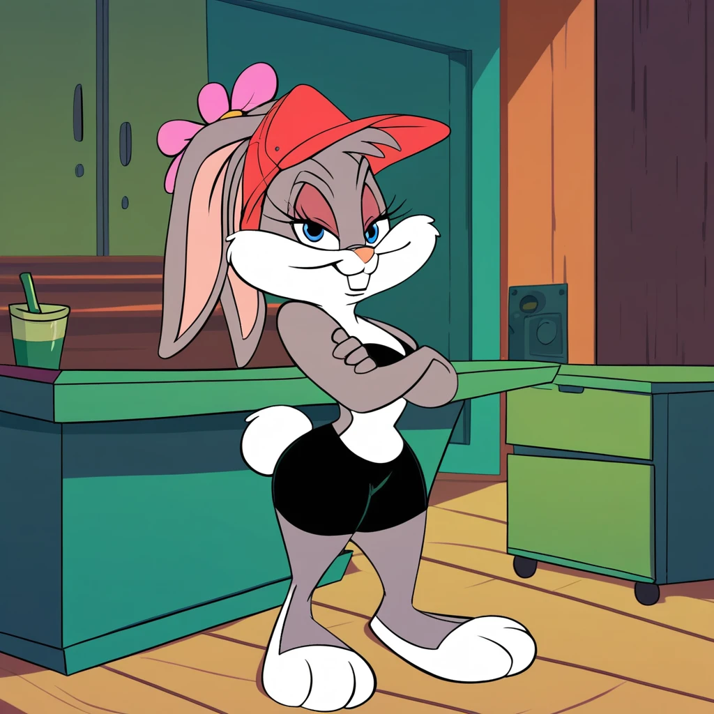 furry, Bugs Bunny, Looney Tunes, grey fur, crossdresser, bedroom, fat ass, wide hips, curvy male, voluptuos, stand, full body, masterpiece, ultra high quality, detailed face, detailed hands, detailed body, heels, by sqoon, by blackwhiplash, sugestive, sexy, beatiful, shy smile, blushed, fat ass, fat breasts, team rocket, team rocket uniform, white skirt, red letter R, crop top, black thigh-highs, black elbow gloves, lifting her top, flat chest, bulge, erection underwear,