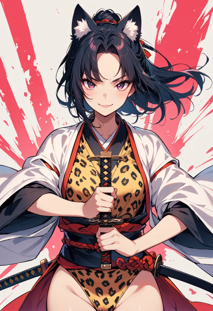 female samurai,Smiles, is wearing a leopard swimsuit, with cat ears, pretty, big , winks at the viewer, Sword in both hands, you see the whole body, runs to the spectator