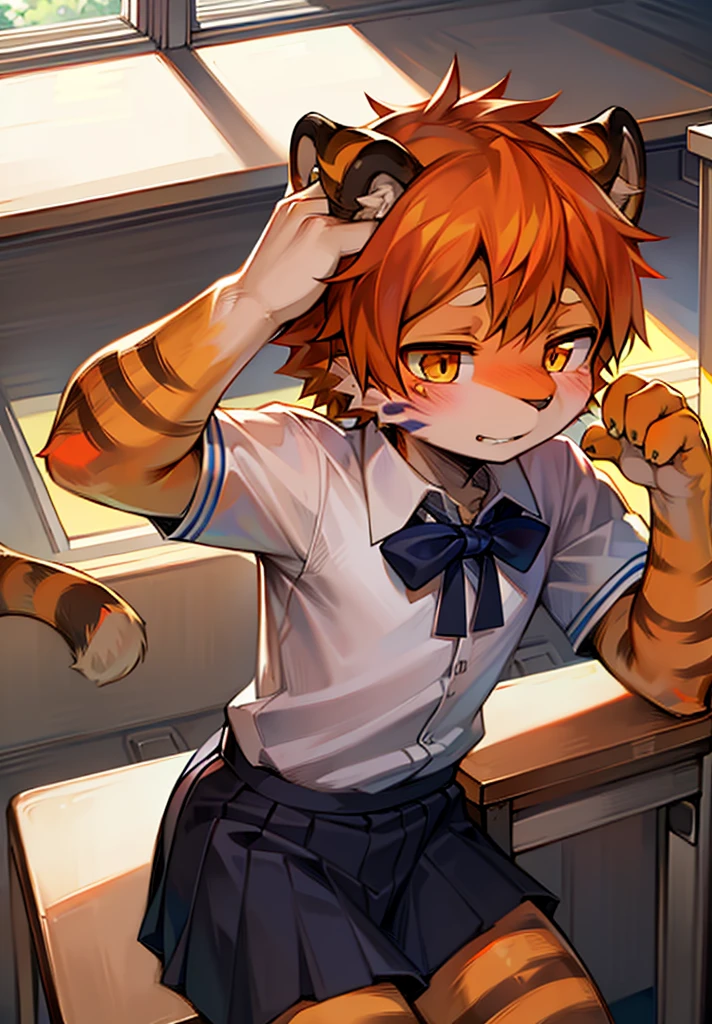 Tiger Shota with orange hair and black stripes and amber eyes is shy in the school classroom wearing a blue and white school uniform