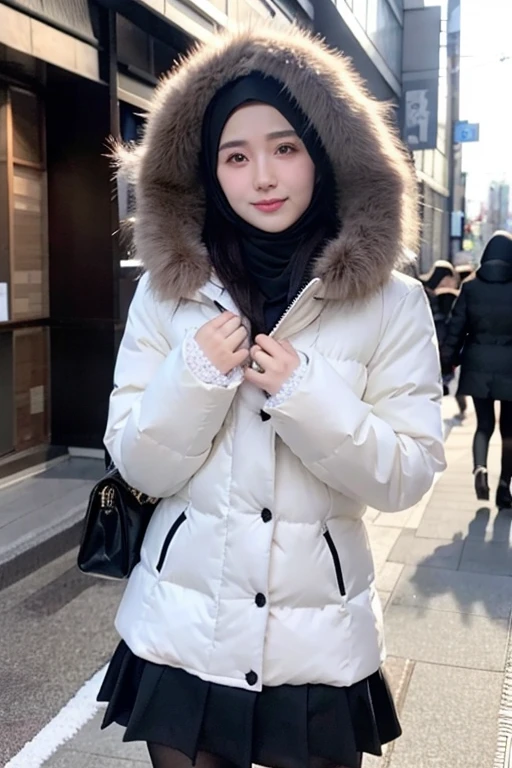 Best quality, 4K, 8K, Detailed faces,fully body photo, Clear face, Japanese muslim girl, 21 years old girl, Perfect body figure, Long slim legs, Pasmina hijab, Long down jacket with hood, Fur trim jacket, White jacket, Snowy Tokyo background 