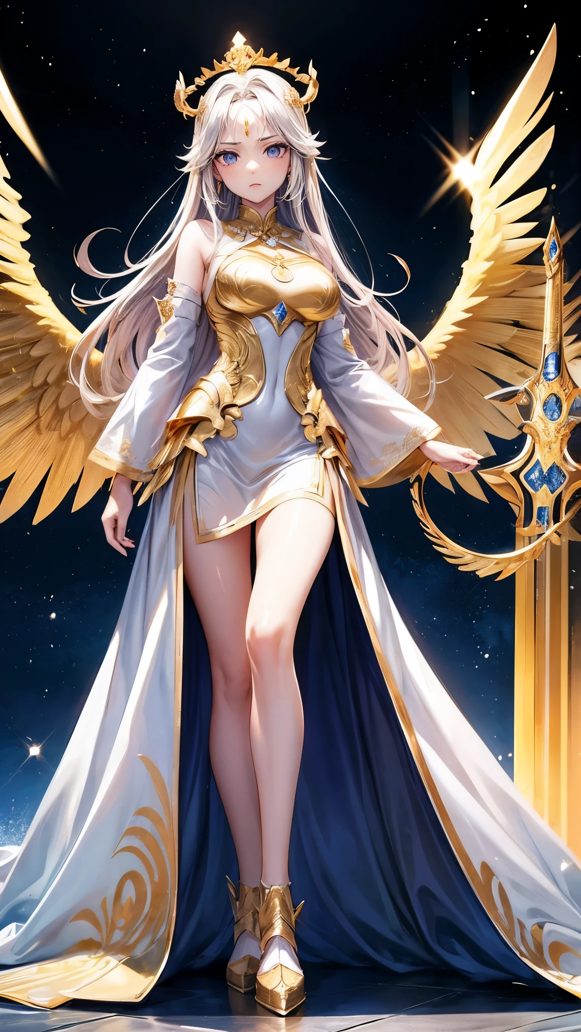 Qian Renxue, Young woman, goddess, six wings, Golden wings, angel wings, long blonde hair, open forehead, crown forehead jewelry, crown on back of head, The eyes are detailed., light blue eyes, big breasts, light purple dress, golden chest armor, silver forearm armor, Golden Divine Sword standing, Perfect Body, Beautiful thighs,solid frontal armor, high-heels, realistically, sky, An expressionless expression., Standing, view, blur, see the whole body
