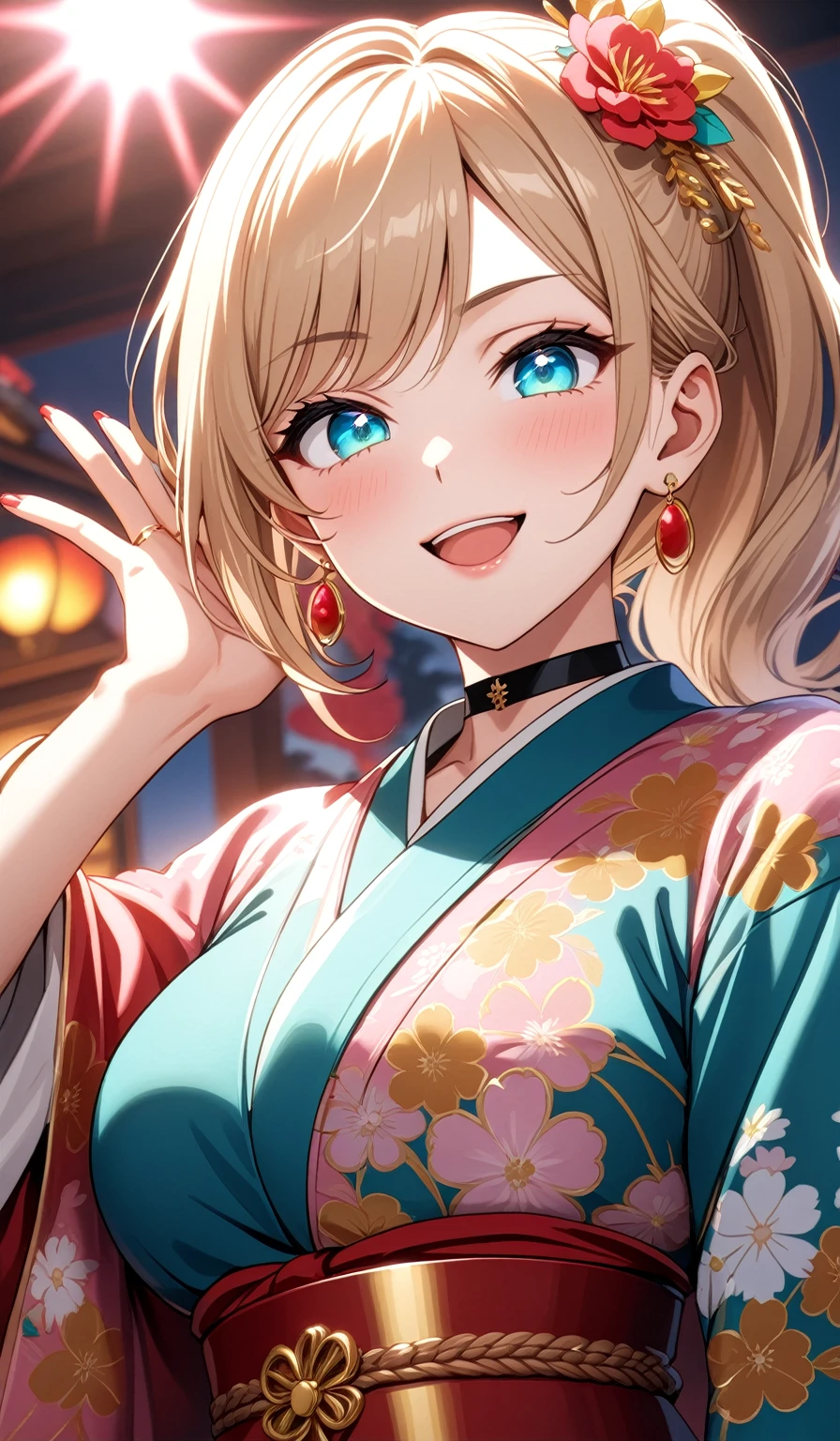 ((One personの女性)), Beautiful Face, (Laughing embarrassedly), (laugh),((Wink:1.9)),((waving at viewer:1.3)), (head tilt:1.3), Laugh with your mouth wide open,((Bright red cheeks:1.4)),Shiny red lips,night,横浜みなとみらいのnight景, firework,Laughing with your mouth open,Glossy pink lips,Facial lighting, ((midriff peek)), ((Anime style background)),masterpiece, Highest quality, so beautiful,up to date, Complex details, (Pink long nails),(ring),(bracelet),(choker),AI-generated, Complex,High resolution, Highest quality, super high quality,3D Images、3D Images,One person,Long blonde hair,High Side Ponytail,(turquoise blue eyes),Anime woman posing for a photo, ((Fine grain、Colorful eyes、Shining Eyes:1.4)), (Squint your eyes:1.1),a hyperRealistic , hyperRealistic , Realistic,Anime woman with long white hair, Smooth anime CG art, A woman in a colorful kimono with gold embroidery, (Pink long sleeve kimono),Red floral pattern,Long flower hair ornament,Earrings,Mature Body,(Big Breasts:1.1),Tall,Abdominal muscles,Tight waist,(Zoom up to face:1.7), (front view),