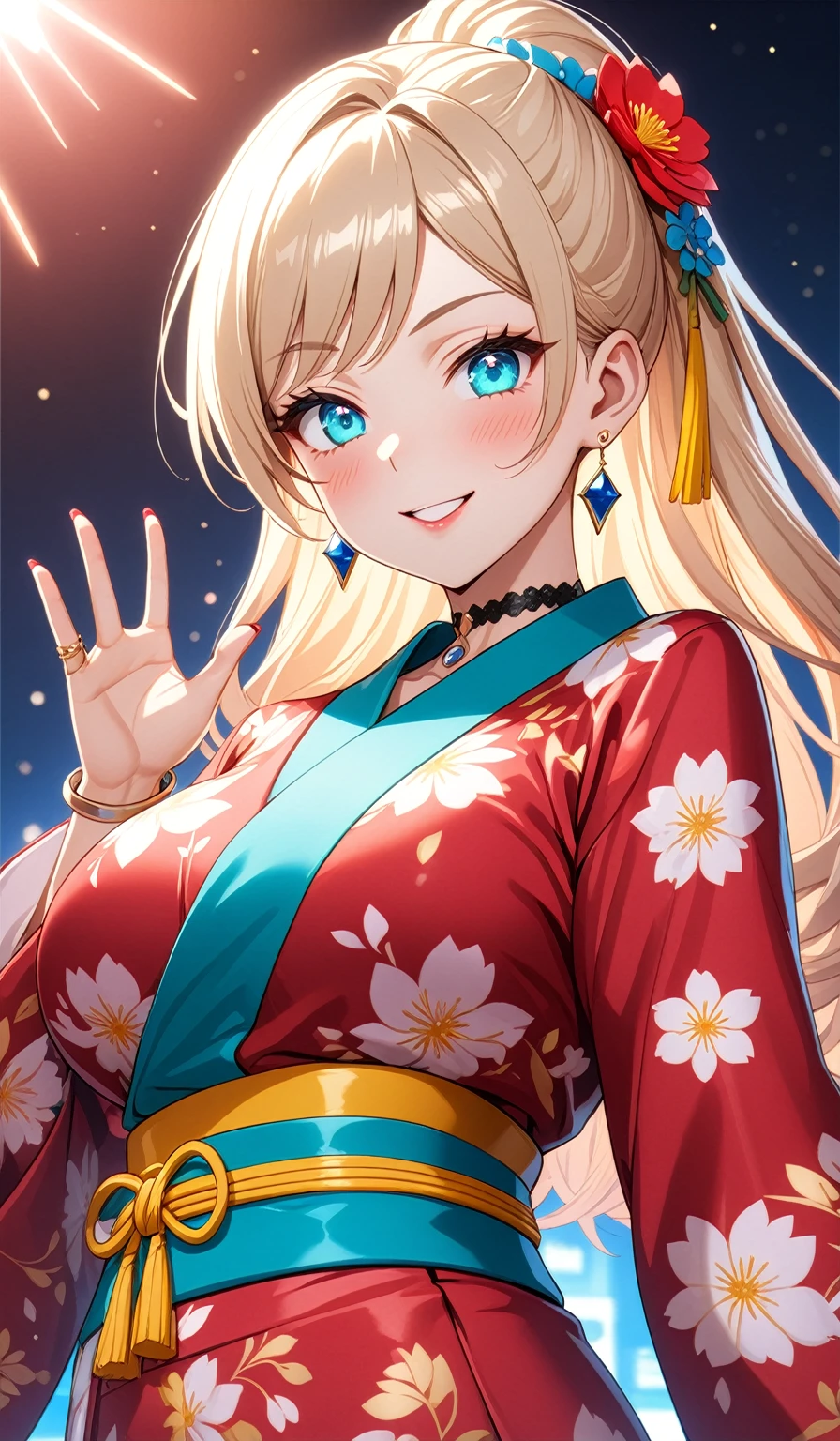 ((One personの女性)), Beautiful Face, (Laughing embarrassedly), (laugh),((Wink:1.9)),((waving at viewer:1.3)), (head tilt:1.3), Laugh with your mouth wide open,((Bright red cheeks:1.4)),Shiny red lips,night,横浜みなとみらいのnight景, firework,Laughing with your mouth open,Glossy pink lips,Facial lighting, ((midriff peek)), ((Anime style background)),masterpiece, Highest quality, so beautiful,up to date, Complex details, (Pink long nails),(ring),(bracelet),(choker),AI-generated, Complex,High resolution, Highest quality, super high quality,3D Images、3D Images,One person,Long blonde hair,High Side Ponytail,(turquoise blue eyes),Anime woman posing for a photo, ((Fine grain、Colorful eyes、Shining Eyes:1.4)), (Squint your eyes:1.1),a hyperRealistic , hyperRealistic , Realistic,Anime woman with long white hair, Smooth anime CG art, A woman in a colorful kimono with gold embroidery, (Pink long sleeve kimono),Red floral pattern,Long flower hair ornament,Earrings,Mature Body,(Big Breasts:1.1),Tall,Abdominal muscles,Tight waist,(Zoom up to face:1.7), (front view),