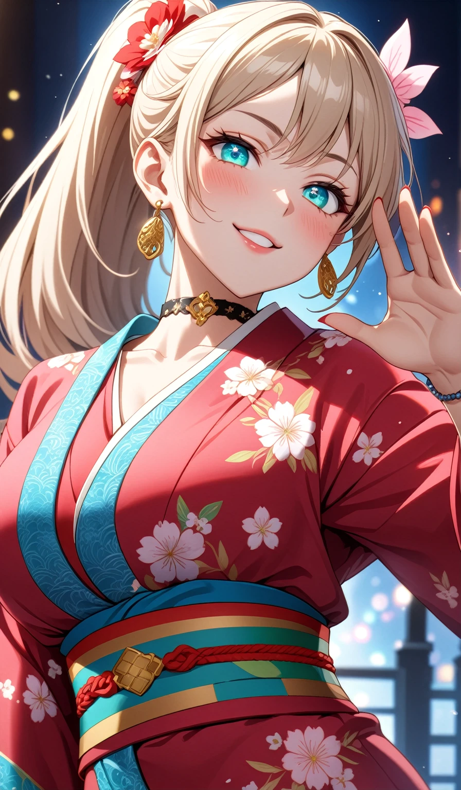 ((One personの女性)), Beautiful Face, (Laughing embarrassedly), (laugh),((Wink:1.9)),((waving at viewer:1.3)), (head tilt:1.3), Laugh with your mouth wide open,((Bright red cheeks:1.4)),Shiny red lips,night,横浜みなとみらいのnight景, firework,Laughing with your mouth open,Glossy pink lips,Facial lighting, ((midriff peek)), ((Anime style background)),masterpiece, Highest quality, so beautiful,up to date, Complex details, (Pink long nails),(ring),(bracelet),(choker),AI-generated, Complex,High resolution, Highest quality, super high quality,3D Images、3D Images,One person,Long blonde hair,High Side Ponytail,(turquoise blue eyes),Anime woman posing for a photo, ((Fine grain、Colorful eyes、Shining Eyes:1.4)), (Squint your eyes:1.1),a hyperRealistic , hyperRealistic , Realistic,Anime woman with long white hair, Smooth anime CG art, A woman in a colorful kimono with gold embroidery, (Pink long sleeve kimono),Red floral pattern,Long flower hair ornament,Earrings,Mature Body,(Big Breasts:1.1),Tall,Abdominal muscles,Tight waist,(Zoom up to face:1.7), (front view),