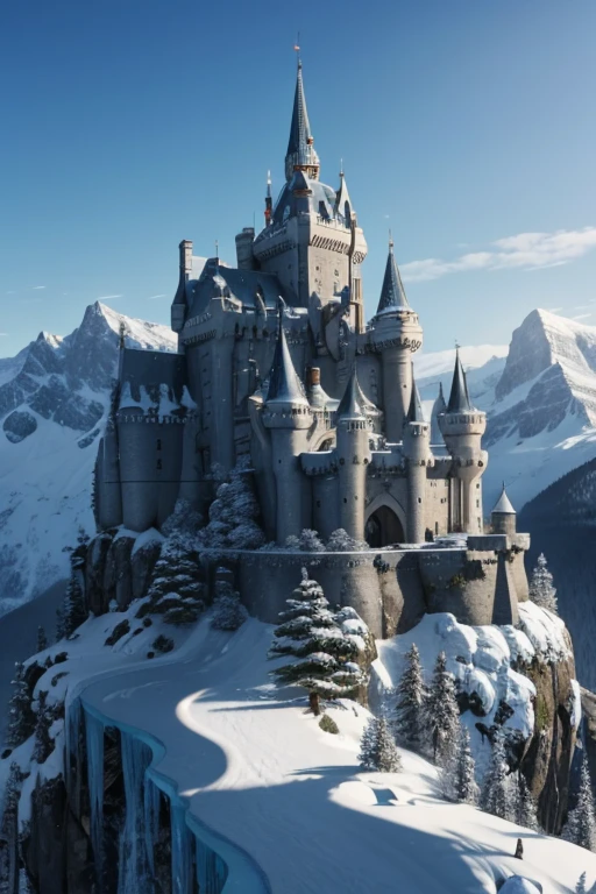 stone castle built inside of a tall icy mountain