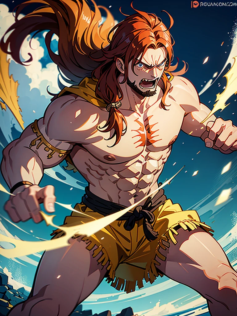 Create a barbarian man character (com roupa de vikings) de one piece. who is fighting, he fights with a punch, just a punch