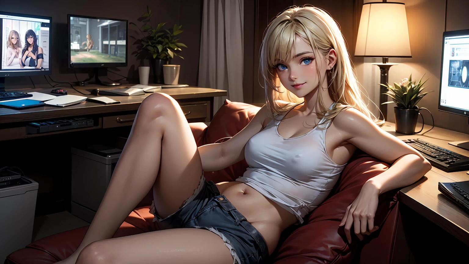 Create a high-quality, detailed image of a beautiful, sexy anime lofi girl with long blonde hair, bright blue eyes, and a smile, sitting at her gaming PC in a cozy lounge. She wears a see through tank top and shorts, showing her midriff, highlighting her stunning curves and toned body. The warm, inviting scene includes soft ambient lighting, comfortable seating, and a high-end PC setup with multiple monitors and RGB lighting. The setting is illuminated by a small lamp, creating a serene and intimate atmosphere