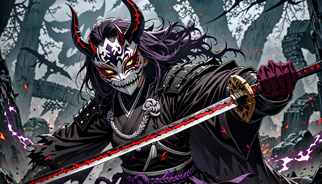 demon mask, sword on the hand,close up, black heavy detailed clothes, hand katana, art, dark and malevolent, hand sword, armor, powerful and intimidating, (masterpiece, best quality, ultra-detailed, best shadow), (detailed background, dark fantasy) dramatic light, intricate details, dark and malevolent, powerful and intimidating, Dark and foreboding, malevolent force, sinister and chilling, armor, high detailed background, girl in demon slayer art, demon slayer art style, epic anime art, God death