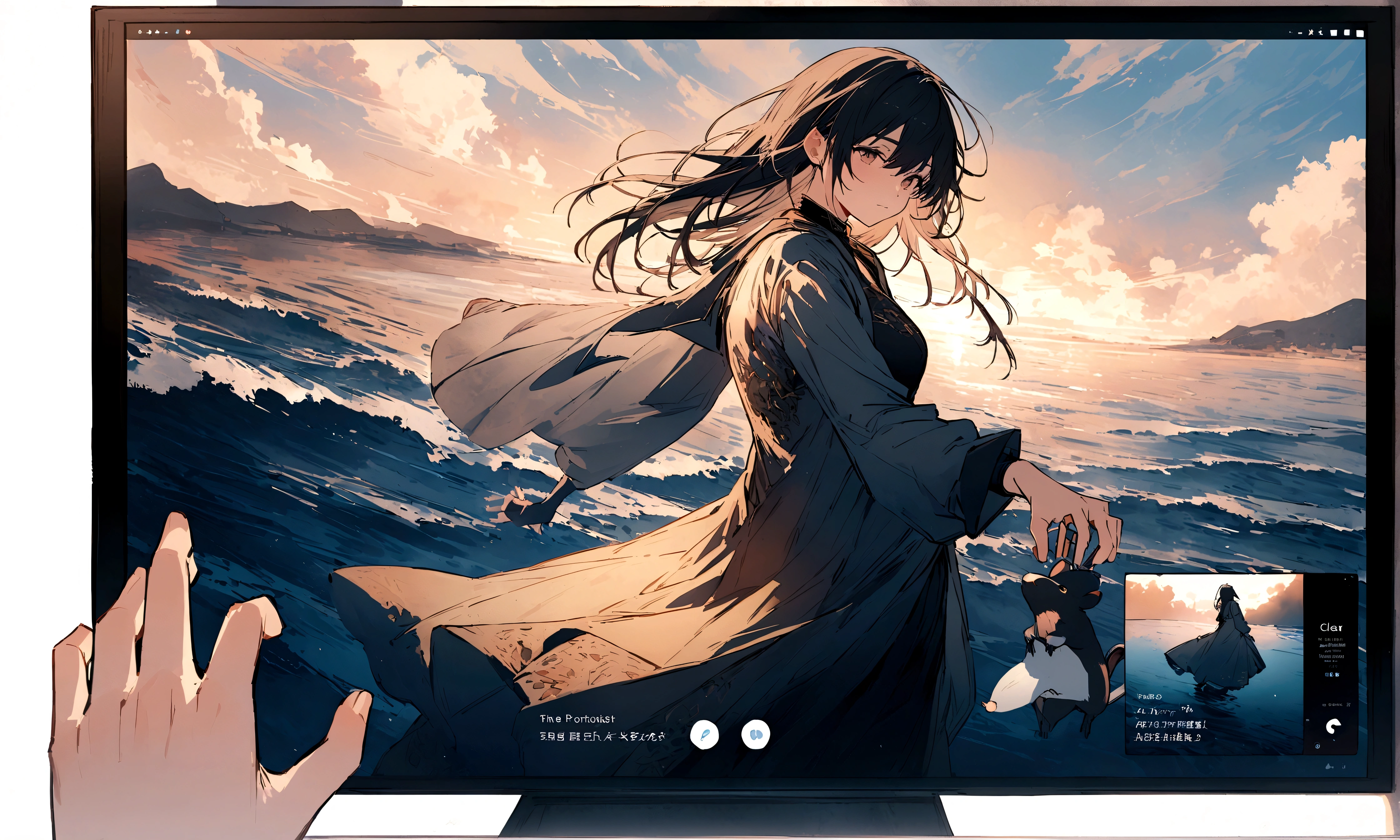 The protagonist's hand hovers over the mouse, highlighting the sea art tab. The screen displays a subscription page with enticing visuals