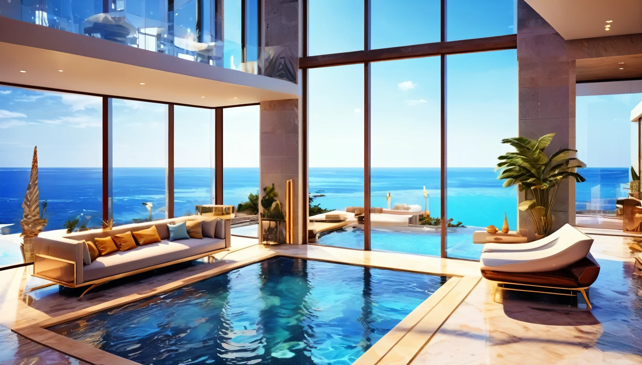 A modern luxury mansion with an infinity pool overlooking the ocean, floor-to-ceiling windows, and a sleek, luxury interior design. Hyper realistic photo, 16k, vibrant colors