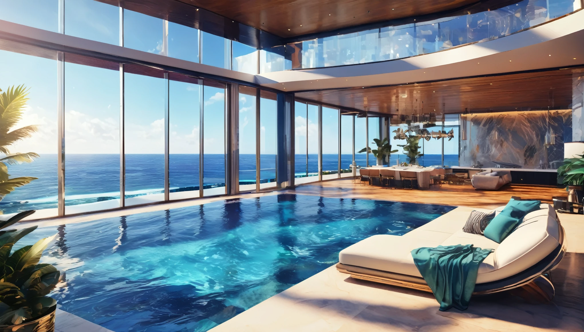 A modern luxury mansion with an infinity pool overlooking the ocean, floor-to-ceiling windows, and a sleek, luxury interior design. Hyper realistic photo, 16k, vibrant colors