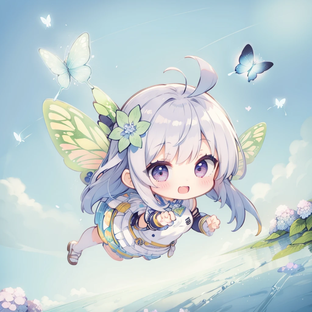 Highest quality,masterpiece,watercolor, Pastel colors, pale color, Lighten the lines, hydrangea,girl, solo, smile, Blue Hair,long hair, ((Butterfly wings)), (Floating in mid-air), Embracing the Hydrangea Flowers, Full body,Surrounded by beautiful nature, (((Chibi Character))), (((Aerial view of hydrangea)))