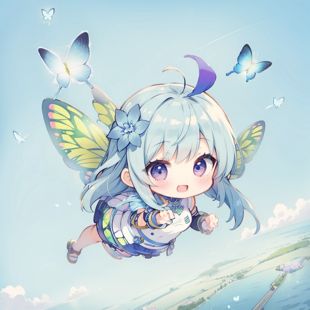 Highest quality,masterpiece,watercolor, Pastel colors, pale color, Lighten the lines, hydrangea,girl, solo, smile, Blue Hair,long hair, ((Butterfly wings)), (Floating in mid-air), Embracing the Hydrangea Flowers, Full body,Surrounded by beautiful nature, (((Chibi Character))), (((Aerial view of hydrangea)))