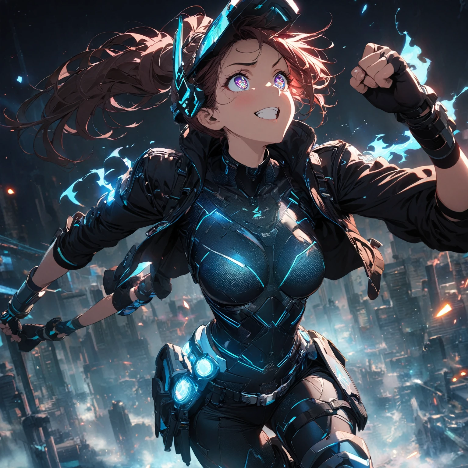 A girl with an athletic build, (nude:0.8), in a dynamic pose showcasing agility, with an excited facial expression, wide sparkling eyes, a broad smile or shout, and clenched fists, wearing a sleek, fitted, armored bodysuit with reinforced segments and glowing circuitry patterns, a cropped, high-collar leather jacket with metallic studs, lightweight cyber-enhanced bracers with holographic interfaces, fingerless gloves with glowing runes, combat-ready pants with reinforced knee pads and utility pockets, a utility belt with a glowing buckle, high-tech shin guards with thrusters and retractable blades, sturdy knee-high combat boots with reinforced soles, her hair styled in a high ponytail or braided with metallic threads and glowing beads, a sleek augmented reality visor with metallic feathers, in a color scheme of dark tones with bright glowing accents, a short, asymmetrical color-changing cloak with glowing runes, and small mystical charms or amulets, in a dark and dramatic setting with a ruined cityscape or futuristic battleground, enhanced with sparks and energy surges illuminating the character and reflecting her fiery, powerful theme, with dynamic lighting emphasizing her energetic pose and excited expression, detailed gorgeous face| anime style| key visual| intricate detail| highly detailed| breathtaking| vibrant| panoramic| cinematic| Carne Griffiths| Conrad Roset| gibbli 8k