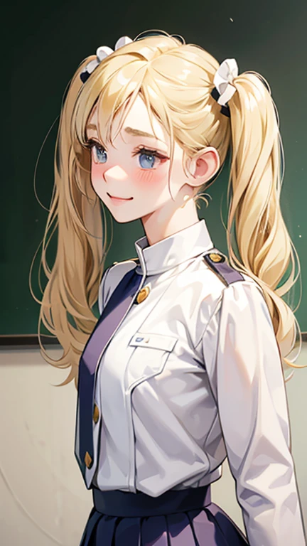 18-year-old、Blonde 、(((Twin tails)))、Small head、White Uniform、cute、Model Body Type、Mature、High body、Short skirt、Side view、Surprised face、classroom、Smile、blush、Upper body portrait、Prayer Pose、Embarrassed and depressed