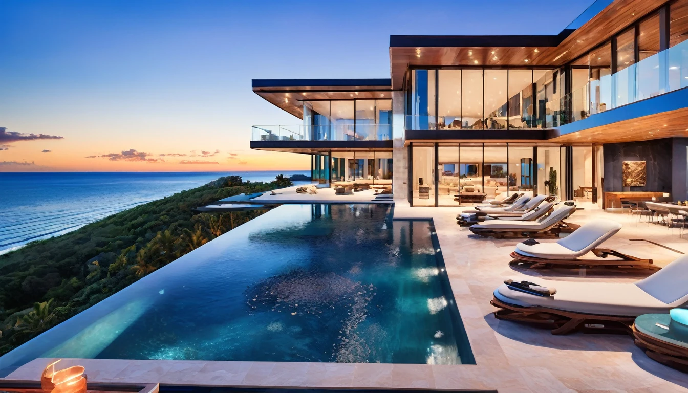 A modern luxury mansion with an infinity pool overlooking the ocean, floor-to-ceiling windows, and a sleek, luxury interior design.