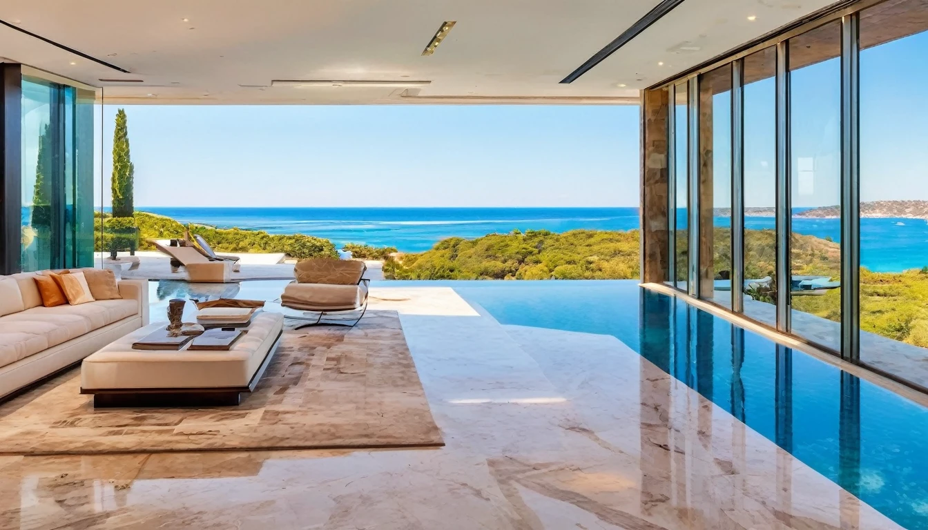 A modern luxury mansion with an infinity pool overlooking the ocean, floor-to-ceiling windows, and a sleek, luxury interior design. 
