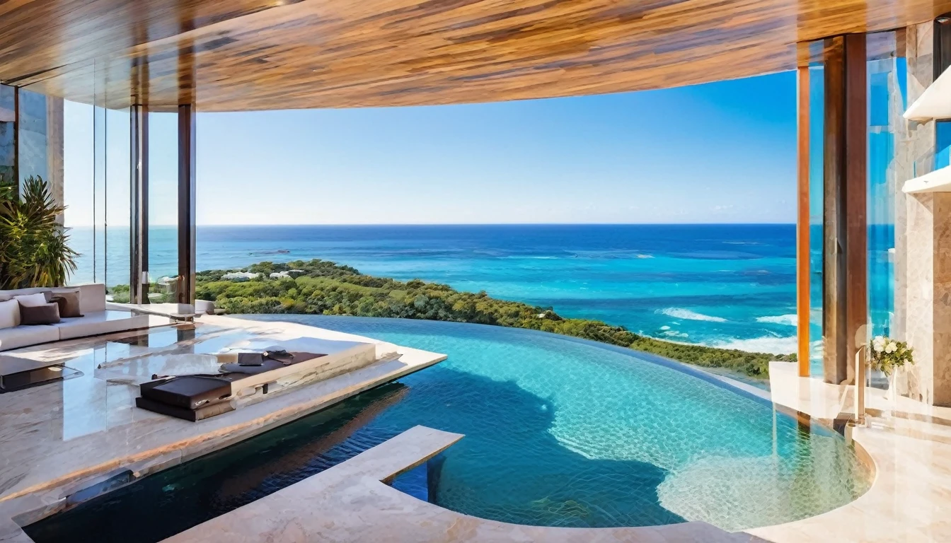 A modern luxury mansion with an infinity pool overlooking the ocean, floor-to-ceiling windows, and a sleek, luxury interior design.