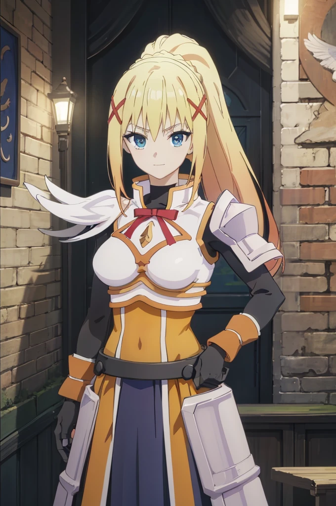 masterpiece, best quality, high resolution, best illustration, super fine illustration, (official art:0.6), (anime screencap:1.2), detailed beautiful face and eyes, anime keyvisual, (perfect anatomy:1.1), 8k portrait, (detail focus fingers:1.2),
1girl,
darkness,
darkness \(konosuba\),
long hair, ponytail, x hair ornament,
blonde hair,
(blue eyes:1.2),
black gloves,
large breasts,
armor, pauldrons, shoulder armor, long skirt,
smile,
looking at viewer,
cowboy shot,
standing,
natural light,
background of outdoor, city, village,
