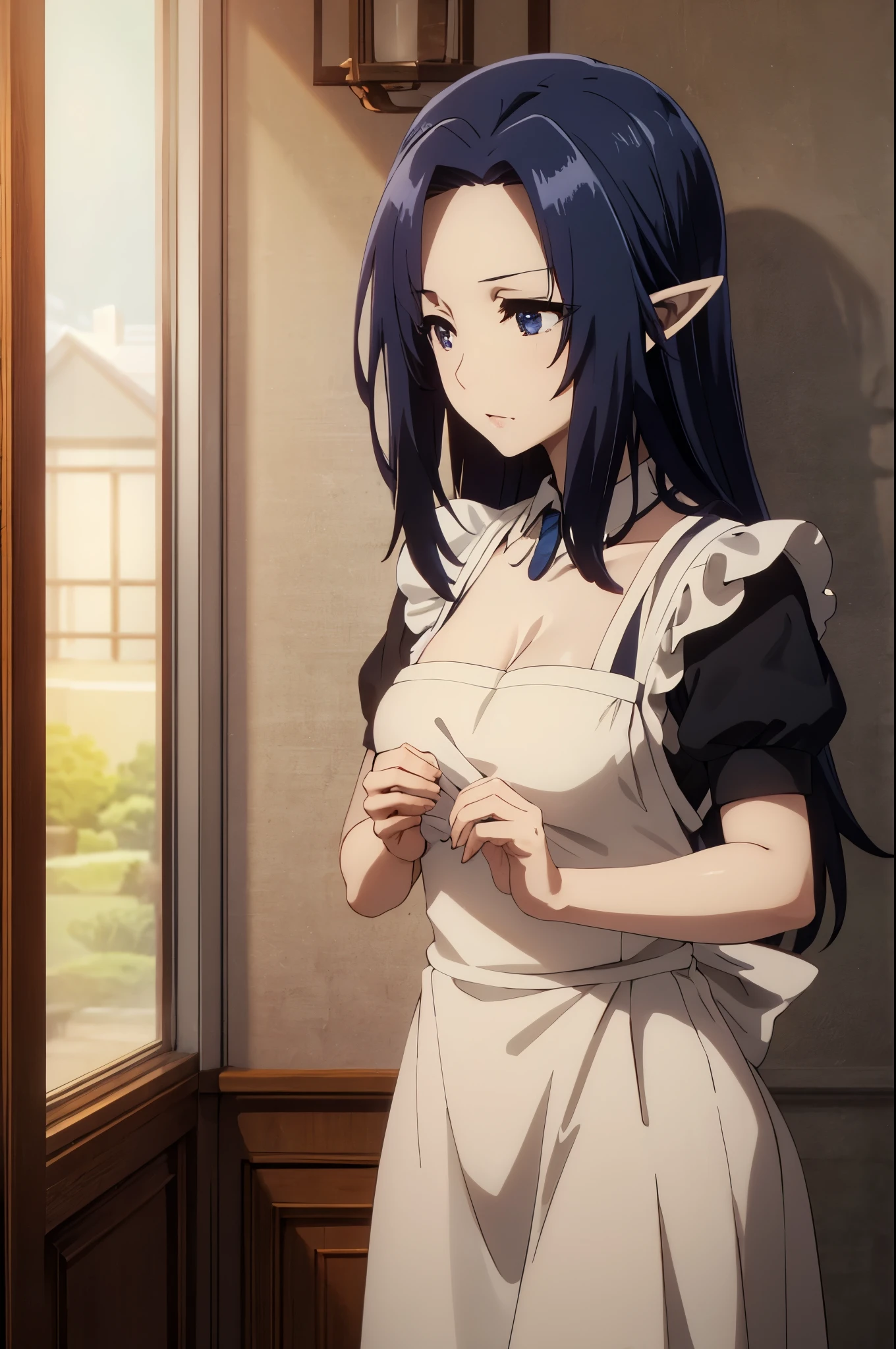 best quality, dark blue hair,,long hair,blue eyes,pointy ears,elf,,masterpiece, highres, solo, (maid:1.40), (long maid dress:1.15), anime_style, 14
