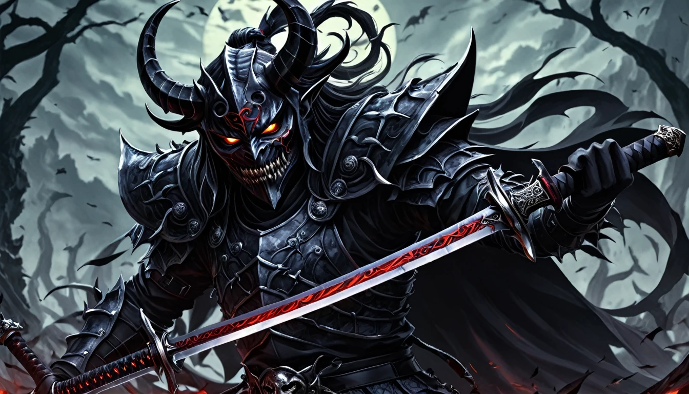 demon mask, sword on the hand,close up, black heavy detailed clothes, hand katana, art, dark and malevolent, hand sword, armor, powerful and intimidating, (masterpiece, best quality, ultra-detailed, best shadow), (detailed background, dark fantasy) dramatic light, intricate details, dark and malevolent, powerful and intimidating, Dark and foreboding, malevolent force, sinister and chilling, armor, high detailed background, girl in demon slayer art, demon slayer art style, epic anime art, God death