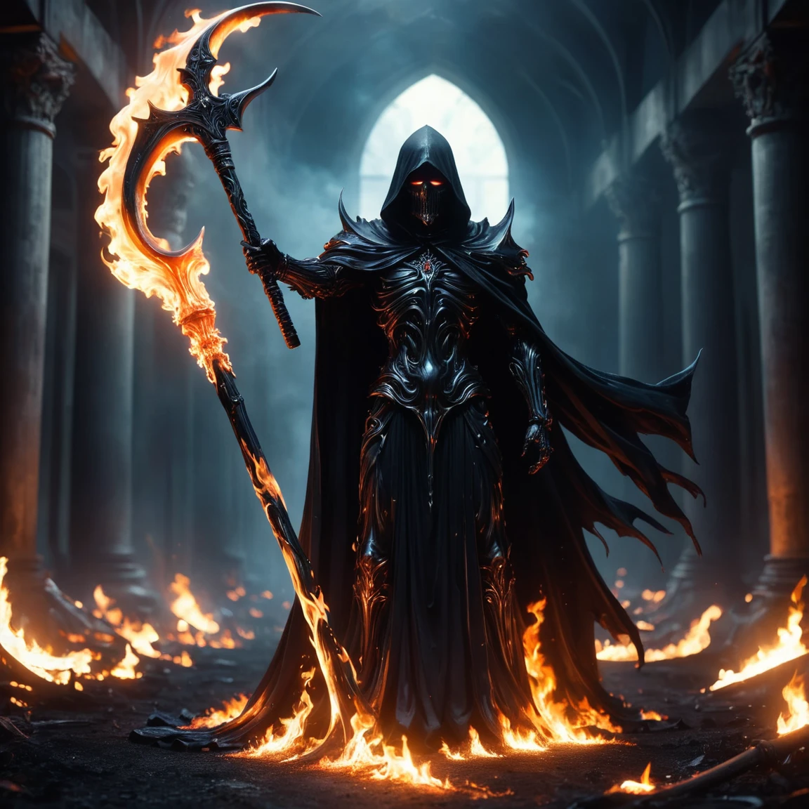 incredible quality, work of art, best qualityer, hyper detailled, ultra detaild, ultra HD, Perfect Anatomia, nblurry background, Flame environment, Hall, biogas, 
Carrying the Death Scythe, armors, (holding the scythe of death:1.3), arm up,( with no face:1.3), mystery, phantom, longsword,
phantom, ombre, evil, Nothing, transparent body, cape with hat, own lighting,
HKS style,
extremely detaild,
 ral-black light,