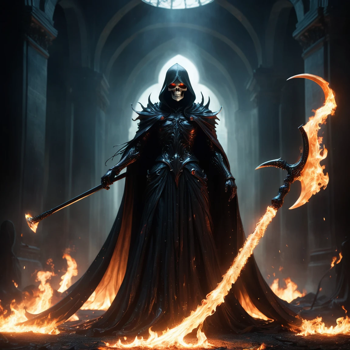 incredible quality, work of art, best qualityer, hyper detailled, ultra detaild, ultra HD, Perfect Anatomia, nblurry background, Flame environment, Hall, biogas, 
Carrying the Death Scythe, armors, (holding the scythe of death:1.3), arm up,( with no face:1.3), mystery, phantom, longsword,
phantom, ombre, evil, Nothing, transparent body, cape with hat, own lighting,
HKS style,
extremely detaild,
 ral-black light,