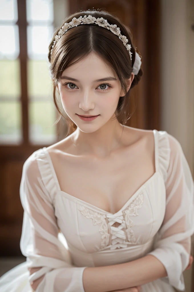 Florence Nightingale, (Ballet Costumes), Sit on a chair, Smiling for the camera, White formal shirt, Loose collar button, Long, loose hair, (Delicate illustrations: 1.4), (Renaissance art: 1.4), (Ultra-high resolution: 1.2), (Photorealism: 1.4), (8K, RAW Photos: 1.2), (Soft Focus: 1.4), ( 18-year-old: 1.3), (Sharp focus: 1.4), Beautiful face with attention to detail, Pure rose face_v1
