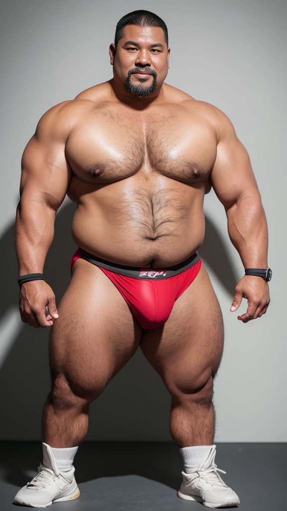 black hair, middle-aged man, individual, male, Muscular wrestler, muscular, Stout wrestler, Asian, Japanese, uncle, 55 year old middle-aged man, short hair, short hair, red wrestling boots, full body portrait, shadow, Vision, red briefs, obesity, 45 years old, short beard, middle-aged man, tattoo, fingerless gloves, Wheat skin, shiny skin, dark skin, Show your pectoral muscles, sumo wrestler, bodybuilder, wide temples, Visible abdominal muscles, Smile, Fine hands, solid color background, pure white background, Surrealism, Panorama, 8k, super detail,